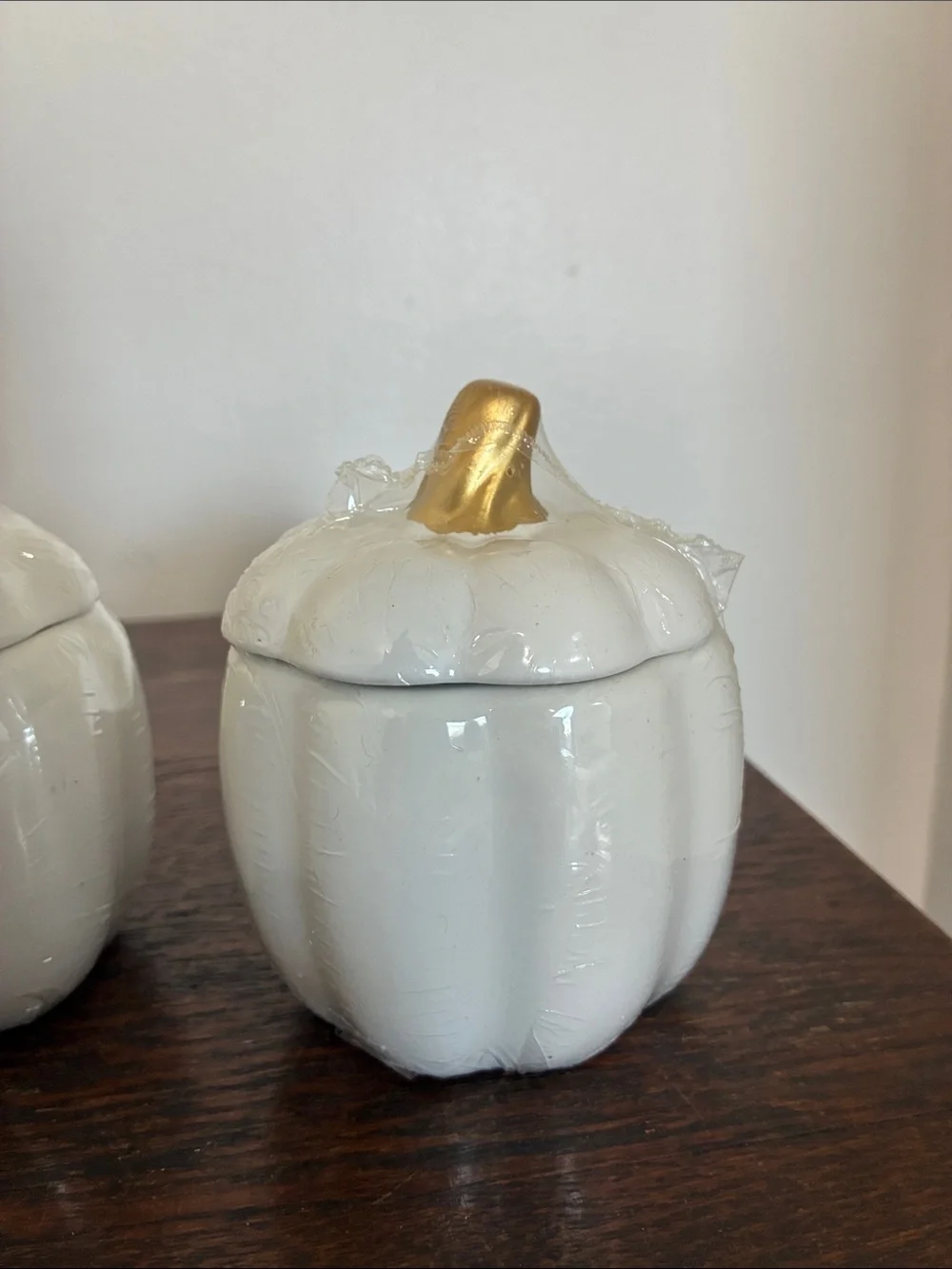 NWT- Set of 3- White Ceramic Pumpkin Jars with Lid & Gold Stems